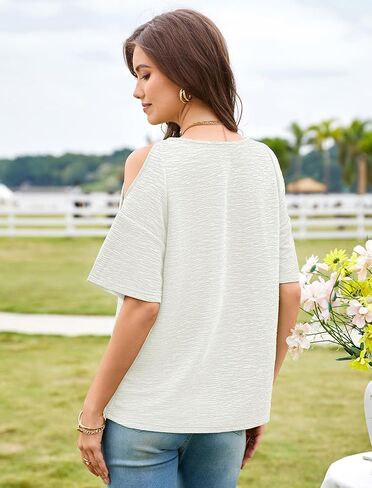 قمصان Angashion النسائية ذات الكتف البارد للصيف - تيشيرتات كاجوال بأكمام قصيرة عصرية بياقة دائرية ومناسبة الأساسية in Kuwait