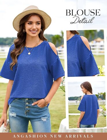Angashion Womens Cold Shoulder Tops Summer - Casual Short Sleeve T Shirts Fashion Crewneck Fit Basic Blouses in Saudi Arabia