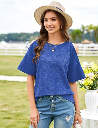 Angashion Womens Cold Shoulder Tops Summer - Casual Short Sleeve T Shirts Fashion Crewneck Fit Basic Blouses in Saudi Arabia
