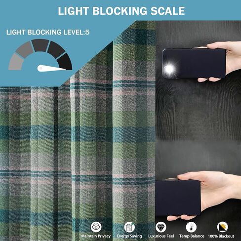 always4u Woolen Look Check Curtains 100% Blackout Highland Tartan Curtain for Living Room Bedroom Grommet Lined Window Drapes 2 Panels Green 45 * 63 Inches in Saudi Arabia