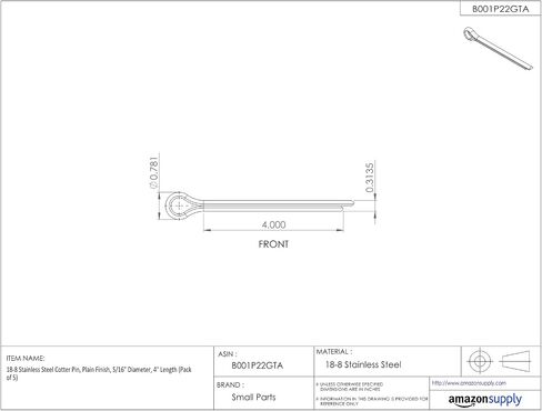 Small Parts 18-8 Stainless Steel Cotter Pin, Plain Finish, 3/16" Diameter, 4" Length (Pack of 25) in Saudi Arabia