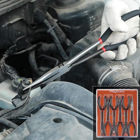 Mayouko 3PCS 11 "مجموعة كماشة قبضة خرطوم طويلة الوصول، 5/16 بوصة، 1/2 بوصة، 3/4 بوصة حلقة الأنف خرطوم القابض كماشة عدة، الكربون الصلب أوفست شرارة التوصيل التمهيد إزالة كماشة لمساحة ضيقة in Kuwait