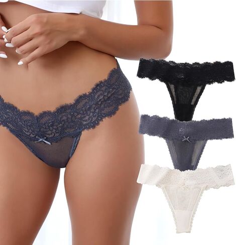 Women Lace Underwear Thongs,3-Pack Soft Breathable Ladies Thong Panties, Comfortable Sexy Undies for Women in Saudi Arabia