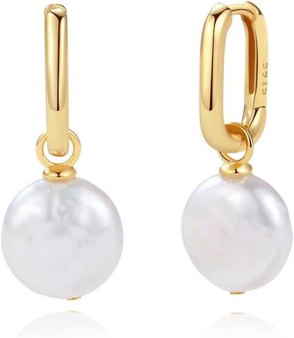 CAITLYNMINIMALIST Bridget Geometric Pearl Charm 18K Gold Sterling Silver Huggie Hoop Earrings for Women in Kuwait