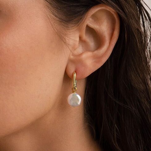 CAITLYNMINIMALIST Bridget Geometric Pearl Charm 18K Gold Sterling Silver Huggie Hoop Earrings for Women in Kuwait