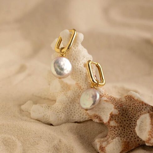 CAITLYNMINIMALIST Bridget Geometric Pearl Charm 18K Gold Sterling Silver Huggie Hoop Earrings for Women in Kuwait