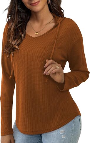 Women's Hooded Pullover Tops V Neck Waffle Knit Long Sleeve Tunic Casual Sweatshirt with Front Pocket, S-XL in Saudi Arabia