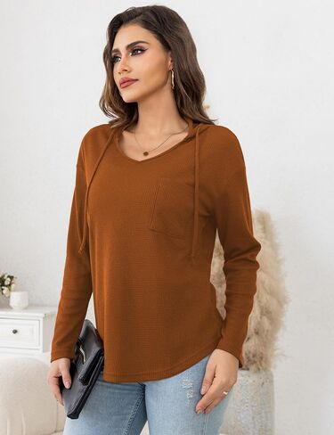 Women's Hooded Pullover Tops V Neck Waffle Knit Long Sleeve Tunic Casual Sweatshirt with Front Pocket, S-XL in Saudi Arabia