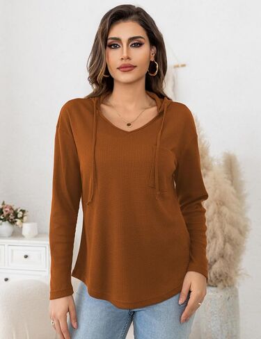 Women's Hooded Pullover Tops V Neck Waffle Knit Long Sleeve Tunic Casual Sweatshirt with Front Pocket, S-XL in Saudi Arabia