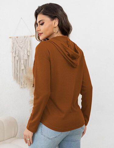 Women's Hooded Pullover Tops V Neck Waffle Knit Long Sleeve Tunic Casual Sweatshirt with Front Pocket, S-XL in Saudi Arabia