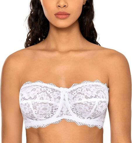 DOBREVA Women's Strapless Plus Size Underwire Lace Unlined Balconette Bra in Kuwait