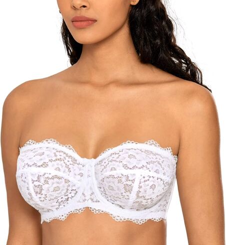 DOBREVA Women's Strapless Plus Size Underwire Lace Unlined Balconette Bra in Kuwait