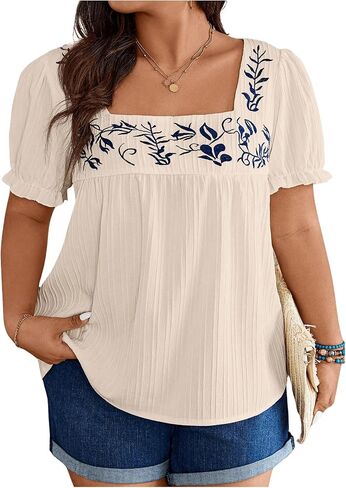SHENHE Women's Plus Size Puff Short Sleeve Square Neck Tropical Embroidered Boho Blouse Top in Saudi Arabia