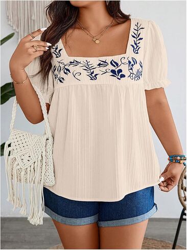 SHENHE Women's Plus Size Puff Short Sleeve Square Neck Tropical Embroidered Boho Blouse Top in Saudi Arabia