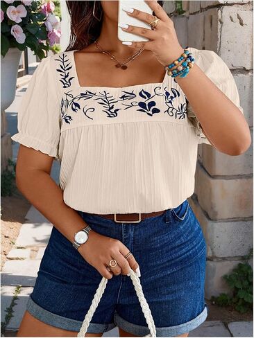 SHENHE Women's Plus Size Puff Short Sleeve Square Neck Tropical Embroidered Boho Blouse Top in Saudi Arabia