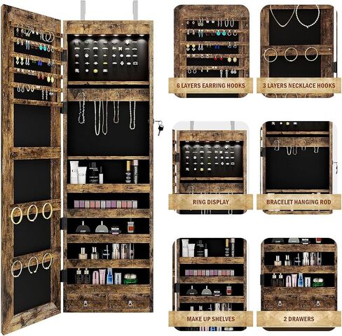 DlandHome Jewelry Armoire with Mirror, Full Length Mirror Jewelry Cabinet, Door Hanging Mirror, Full Length Mirror Rectangle Jewelry Armoire Organizer with 2 Drawers Mirror with Jewelry Storage,Retro in Saudi Arabia