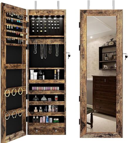 DlandHome Jewelry Armoire with Mirror, Full Length Mirror Jewelry Cabinet, Door Hanging Mirror, Full Length Mirror Rectangle Jewelry Armoire Organizer with 2 Drawers Mirror with Jewelry Storage,Retro in Saudi Arabia