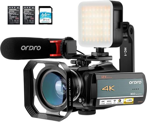 كاميرا فيديو ORDRO 4K AC5 1080P 60FPS 3.1 بوصة IPS شاشة تعمل باللمس واي فاي كاميرا فيديو، كاميرا بث فيديو يوتيوب مع تكبير بصري 12X، ميكروفون، عدسة زاوية واسعة، بطاقة SD 64 جيجا، بطاريات in Saudi Arabia