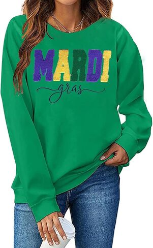 YALUCOR Women Mardi Gras Sweatshirt New Orleans Carnival Outfit Chenille Patch Pullover Tops Fat Tuesday Gift Sweatshirt in Kuwait