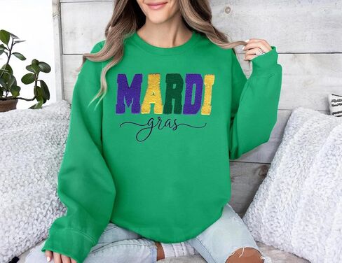 YALUCOR Women Mardi Gras Sweatshirt New Orleans Carnival Outfit Chenille Patch Pullover Tops Fat Tuesday Gift Sweatshirt in Kuwait
