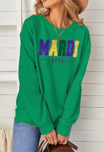 YALUCOR Women Mardi Gras Sweatshirt New Orleans Carnival Outfit Chenille Patch Pullover Tops Fat Tuesday Gift Sweatshirt in Kuwait