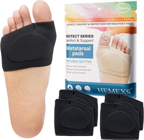 Metatarsal Pads for Men and Women - Gel Cushions for Ball of Foot Pain Relief, Sesamoiditis, Metatarsalgia, Morton's Neuroma - 2 Pairs Fabric Sleeves with Gel Inserts (Black, M) in Saudi Arabia