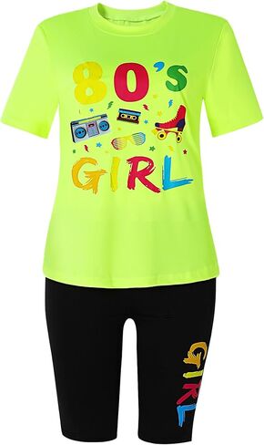 80s Outfit for Women,80s Girl Letter Short Sleeve Top and Shorts Cosplay Costume Set in Saudi Arabia