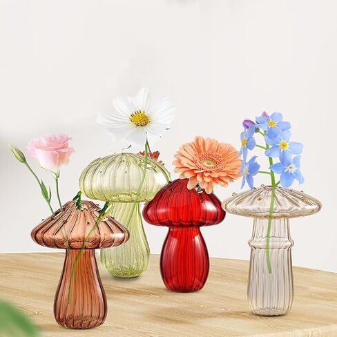 Clear Mushroom Flower Vase, Glass Hydroponic Plant Vases, Nordic Style Mushroom Glass Bud Vases Mushroom Flower Vases for Home Office Living Room Decor (Multicolor 4Pcs) in Saudi Arabia