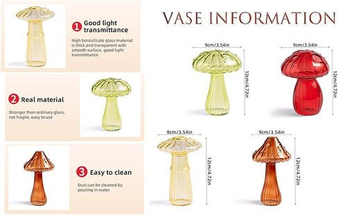 Clear Mushroom Flower Vase, Glass Hydroponic Plant Vases, Nordic Style Mushroom Glass Bud Vases Mushroom Flower Vases for Home Office Living Room Decor (Multicolor 4Pcs) in Saudi Arabia