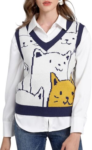Yimoon Womens Cat Sweater Vest V Neck Y2k Graphic Knit Vest Cute Sleeveless Knitted Pullover Tops in Saudi Arabia