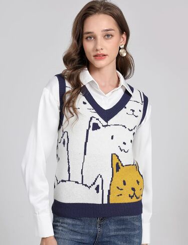 Yimoon Womens Cat Sweater Vest V Neck Y2k Graphic Knit Vest Cute Sleeveless Knitted Pullover Tops in Saudi Arabia
