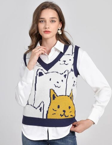 Yimoon Womens Cat Sweater Vest V Neck Y2k Graphic Knit Vest Cute Sleeveless Knitted Pullover Tops in Saudi Arabia