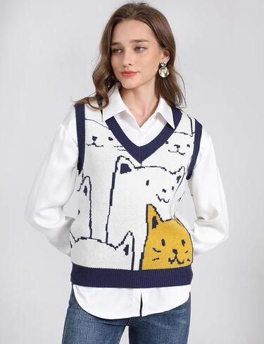 Yimoon Womens Cat Sweater Vest V Neck Y2k Graphic Knit Vest Cute Sleeveless Knitted Pullover Tops in Saudi Arabia