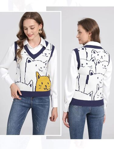 Yimoon Womens Cat Sweater Vest V Neck Y2k Graphic Knit Vest Cute Sleeveless Knitted Pullover Tops in Saudi Arabia