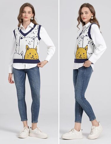 Yimoon Womens Cat Sweater Vest V Neck Y2k Graphic Knit Vest Cute Sleeveless Knitted Pullover Tops in Saudi Arabia