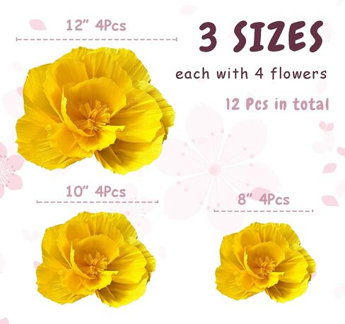 Yellow Paper Flowers Decorations for Wall, Tissue Paper Flowers 3D Flowers Wall Décor for Bridal Shower Photo Backdrop Wedding Birthday Room Decor Bulletin Boards, 4 Pieces each of 12", 10", and 8" in Saudi Arabia