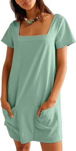AlvaQ Womens Solid Color Casual Summer Square Neck Short Sleeve Mini Dresses with Pockets in Saudi Arabia