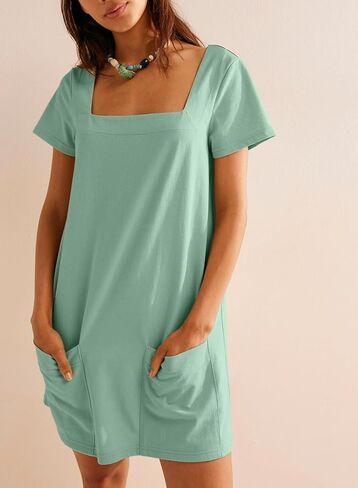 AlvaQ Womens Solid Color Casual Summer Square Neck Short Sleeve Mini Dresses with Pockets in Saudi Arabia