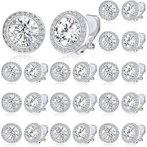Bonuci 12 Pairs Dance Earrings Rhinestone Clip on Earrings Silver Crystal Round Stud Earrings Jewelry for Women