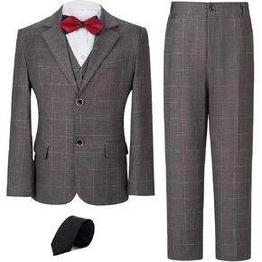 Boy's Suit Kids Plaid Suits for Boy Wedding Outfits Boys Plaid Blazer Vest Pants Ties Formal Suit Set