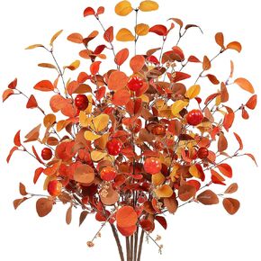 Beferr Fall Eucalyptus Stems Decor- 5Pcs 32" Tall Faux Eucalyptus Leaves Pumpkins Fall Artificial Flowers Arrangements for Table Centerpiece Autumn Farmhouse Party Home Decorations