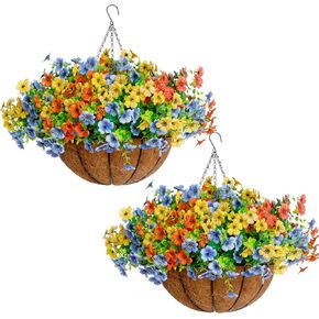 14 inch Artificial Hanging Plants Flowers Basket for Outdoor Outside Decoration Set of 2,Fake Silk Daisy UV Sun Resistant for Porch Patio Balcony Yard Decor (Blue Yellow Orange)