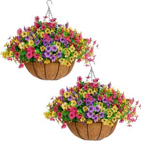 14 inch Artificial Hanging Plants Flowers Basket for Outdoor Outside Decoration Set of 2,Fake Silk Daisy UV Sun Resistant for Porch Patio Balcony Yard Decor (Blue Yellow Orange)