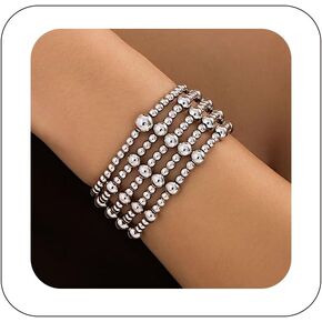 5Pcs Gold Beaded Bracelets 14K Gold Bracelets for Women Bracelet Stack Trendy Stretch Bead Bracelets Silver Bead Bracelet Dainty Jewelry for Women
