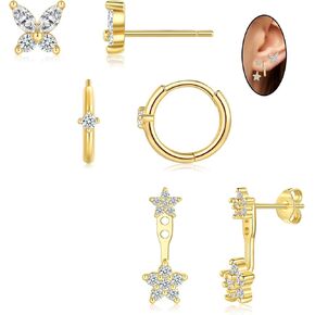 ZRU 3 Pairs Gold Stud Hoop Huggie Earrings Set for Women Men Cartilage Earrings Studs Small Huggie Earrings Dainty CZ Piercing Earrings 18k Gold Plated Earrings Trendy Gifts