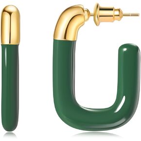 Rectangle 14K Gold Plated 925 Sterling Silver Post Enamel Dangle Hoop Earrings for Women | Lightweight Hypoallergic |