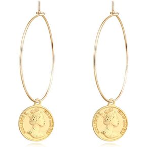 Retro Coin Hoop Earrings Geometric Round Circle Disc Drop Earrings for Women Girls Exaggerated Ear Jewelry