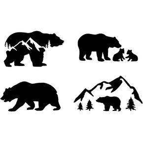Bear Decal 4 Pack: Bear Mountain Silhouette, Momma Bear and Cubs, Walking, Mountain Bear (Black, Large ~5")