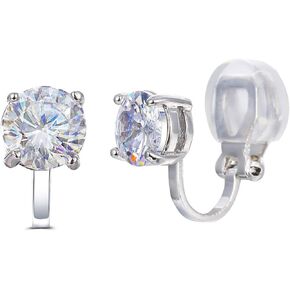 SELOVO Prong Setting 6mm Round Cubic Zirconia Clip on Stud Earrings Silver Tone