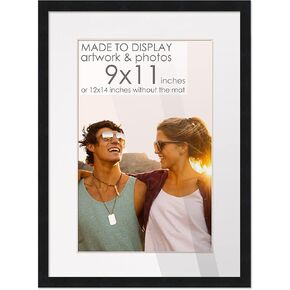 9x11 Frame Black Wood with White Mat | 12x14 Frame Matted to 9x11 | Display Your Photo Under UV Acrylic Shatter Guard Front, with Foam Board Backing and Wall Hanging Hardware - Wood Frame